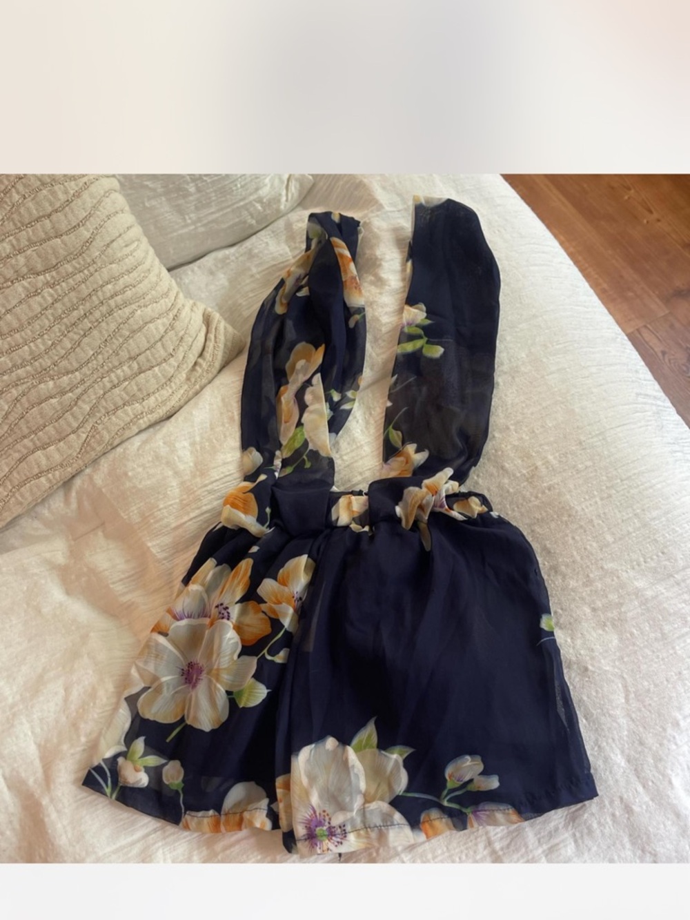 Navy Floral Tie-Back Romper with Cream & Yellow Blossoms